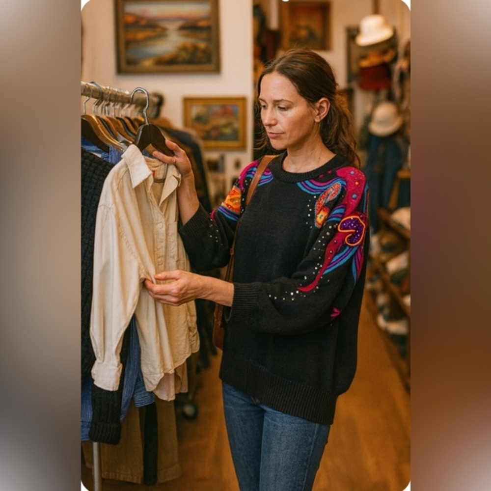 Vintage JP Collections black knit sweater, rhinestone & embroidery/ Circa 1980’s